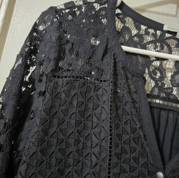 Rebecca Minkoff Lace Front Button Top, Sheer 3/4 Sleeves, Soft Knit Back, EUC! - Picture 3 of 12